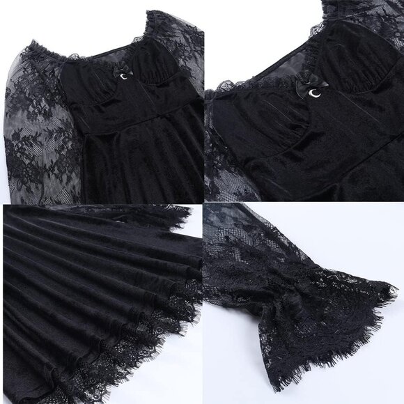 Long Sleeve Gothic Dress Women Vintage Sexy V-Neck Casual Aesthetic - Picture 5 of 6